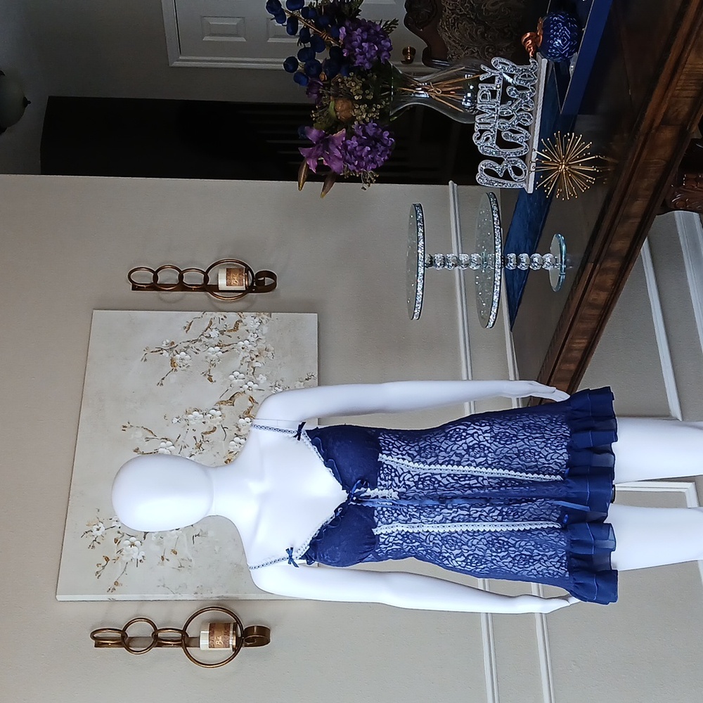 Blue Floral Lace Babydoll Mini Dress By Cinema Etoile. Size L